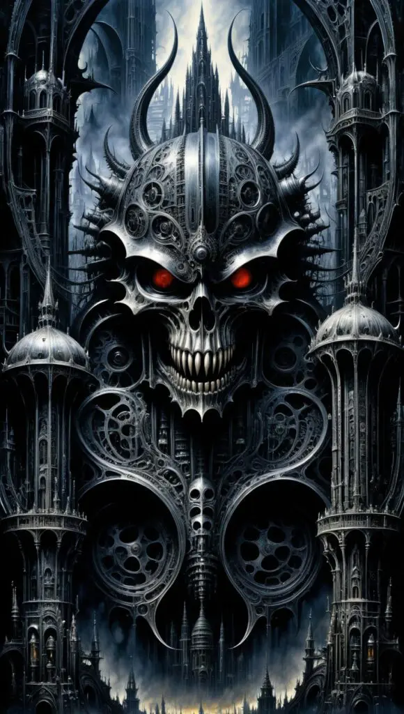 A crafted scene of a towering gothic castle with a prominent skull-like facade and glowing red eyes, emphasizing the dark fantasy architecture style using AI generated by Stable Diffusion.