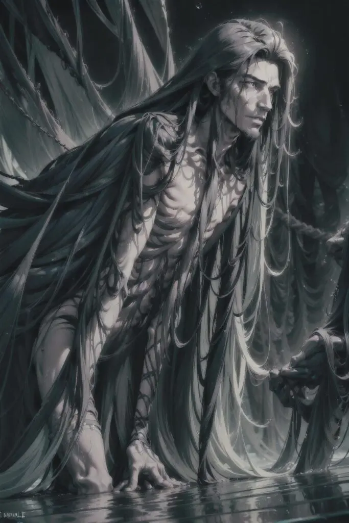 A dark angel with long flowing hair and intricate tattoos emerging from water, an ethereal and detailed AI generated image using Stable Diffusion.