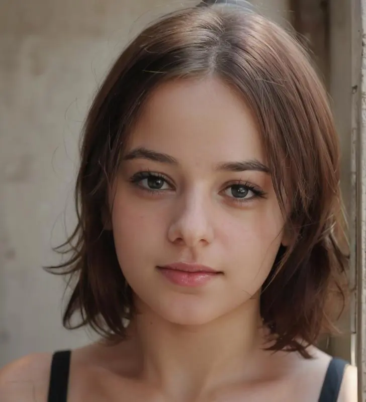 A portrait of a young woman with shoulder-length brown hair, natural lighting emphasizing her facial features, with a blurred neutral background. This is an AI generated image using Stable Diffusion.