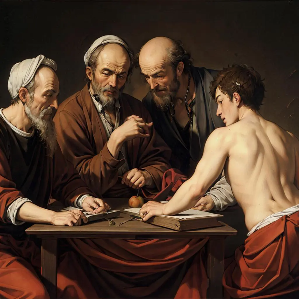 Baroque style depiction of three elder philosophers engaged in discussion with a younger shirtless man, detailed and dramatic lighting, AI generated image using stable diffusion.