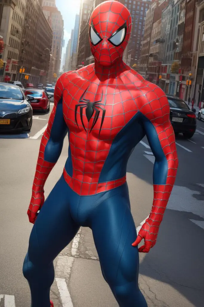 AI generated image of Spider-Man in an urban setting using stable diffusion.