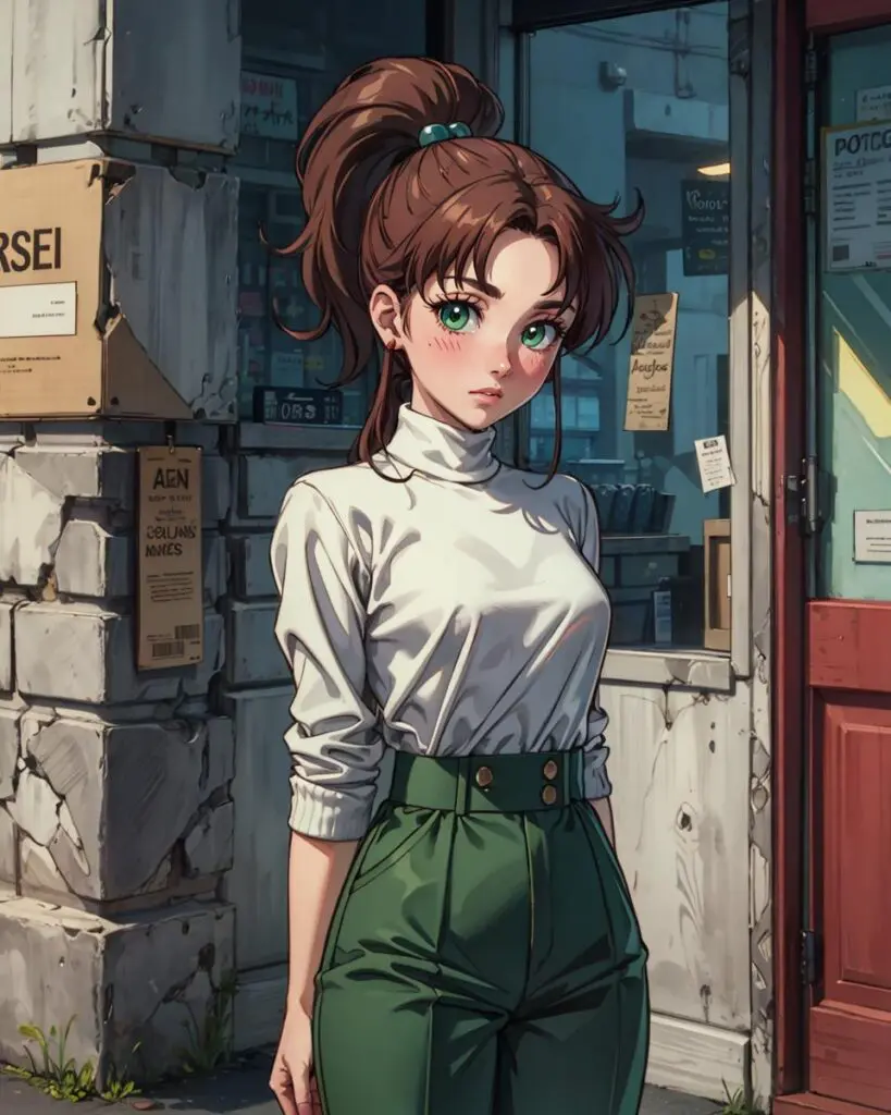 Anime girl with brown hair and a ponytail, green eyes in a white turtleneck and green high-waisted pants standing in an urban setting. AI generated image using Stable Diffusion.