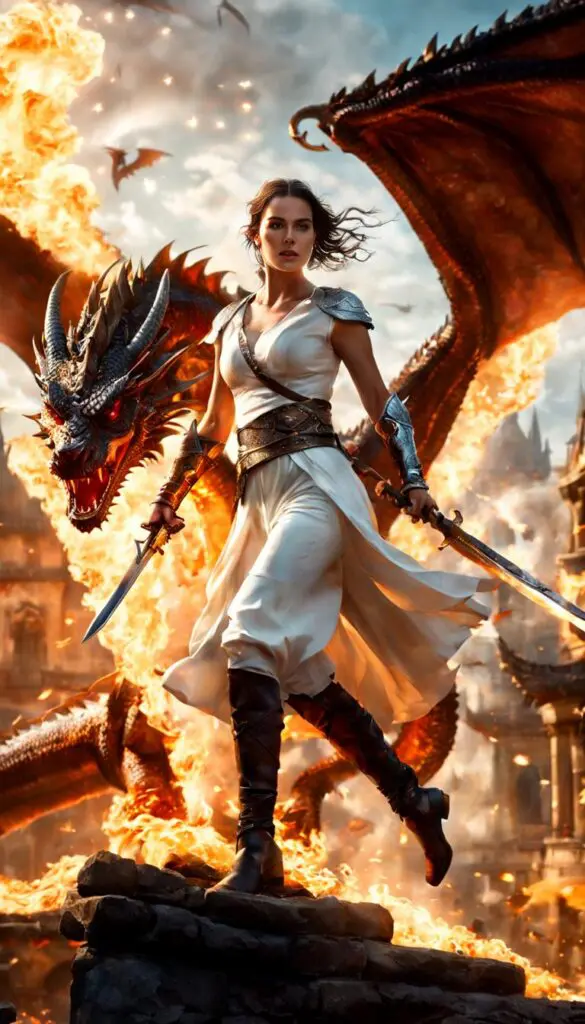 A warrior woman clad in medieval armor stands with two swords in hand, fierce dragon in the background, amidst a fiery battleground. AI generated image using Stable Diffusion.