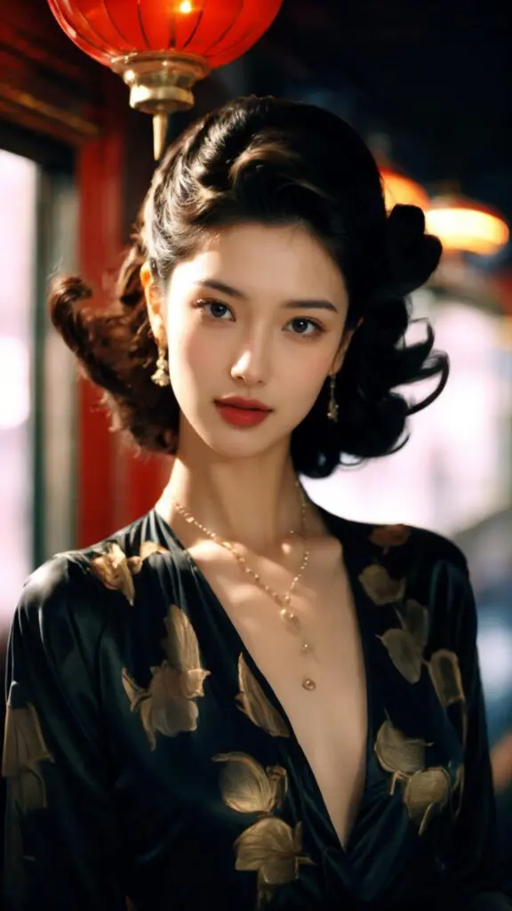 An AI generated image using stable diffusion of a woman in vintage-style clothing featuring floral patterns and wearing elegant jewelry with a red lantern in the background.