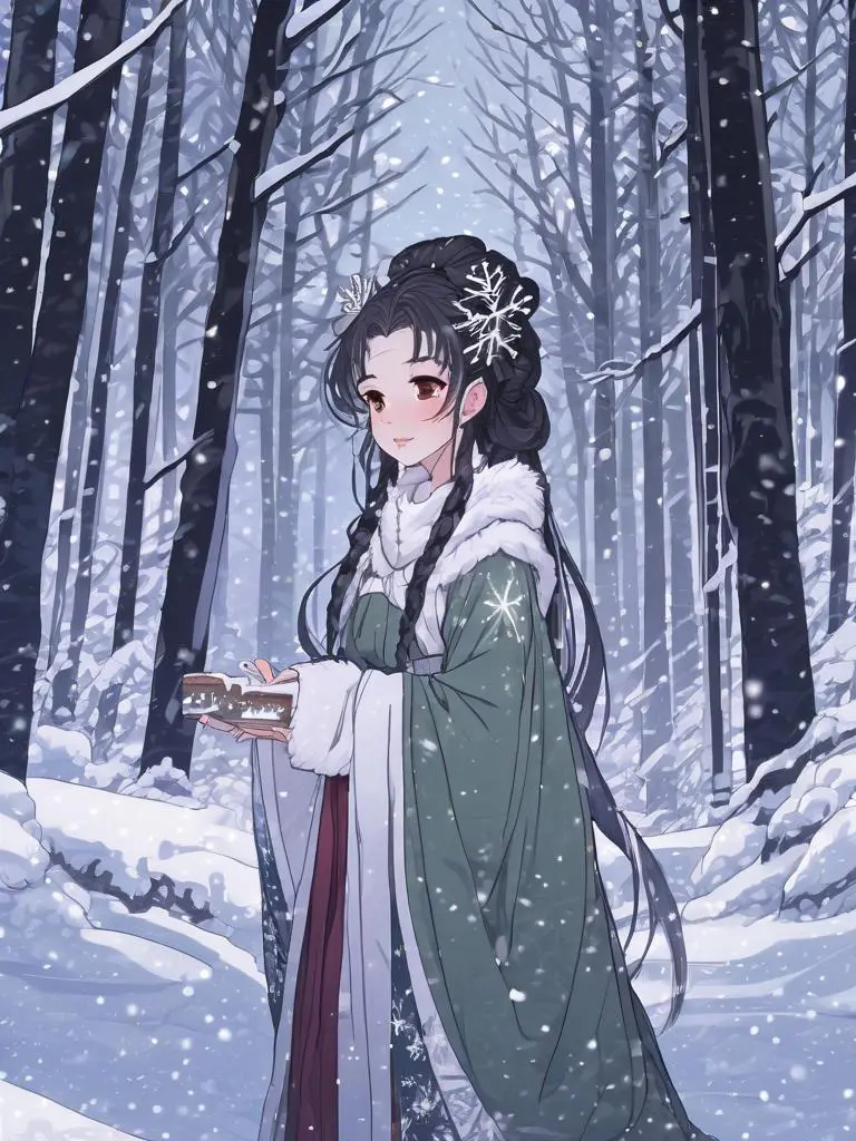 An anime girl in a green winter robe with white fur trim, standing in a snowy forest, holding a book, generated by AI using Stable Diffusion.