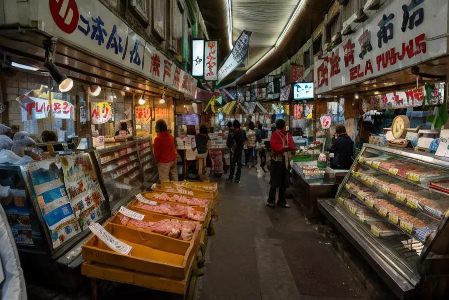 A Japanese fish market street stall at night, captured using Stable Diffusion. Various seafood items on display in brightly lit glass cases line both sides of the narrow street.