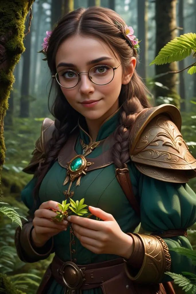 A fantasy character with braided hair, glasses, and green outfit holding a plant in a medieval forest, AI generated using Stable Diffusion.