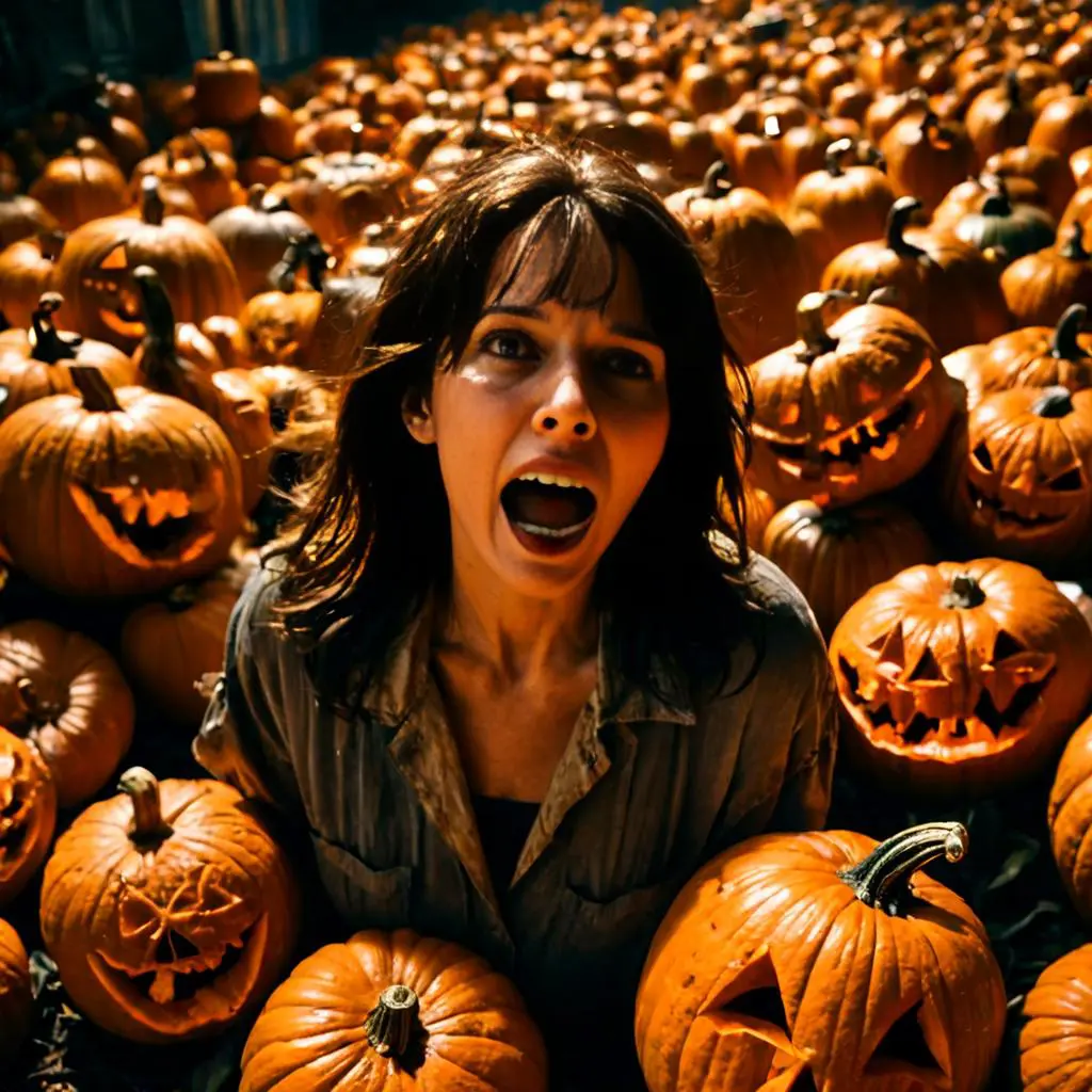 AI generated image using stable diffusion of a woman screaming surrounded by a sea of carved pumpkins with various expressions, creating a Halloween scene.