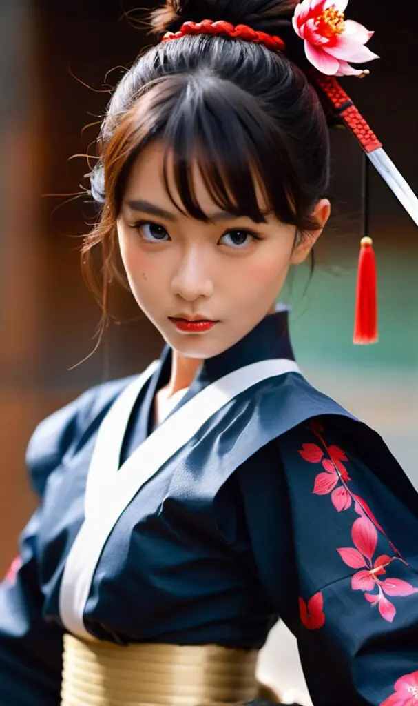 AI generated image using stable diffusion of a young woman dressed in traditional Japanese samurai clothing, with a red and white hair ornament featuring a flower, displaying a serious expression.