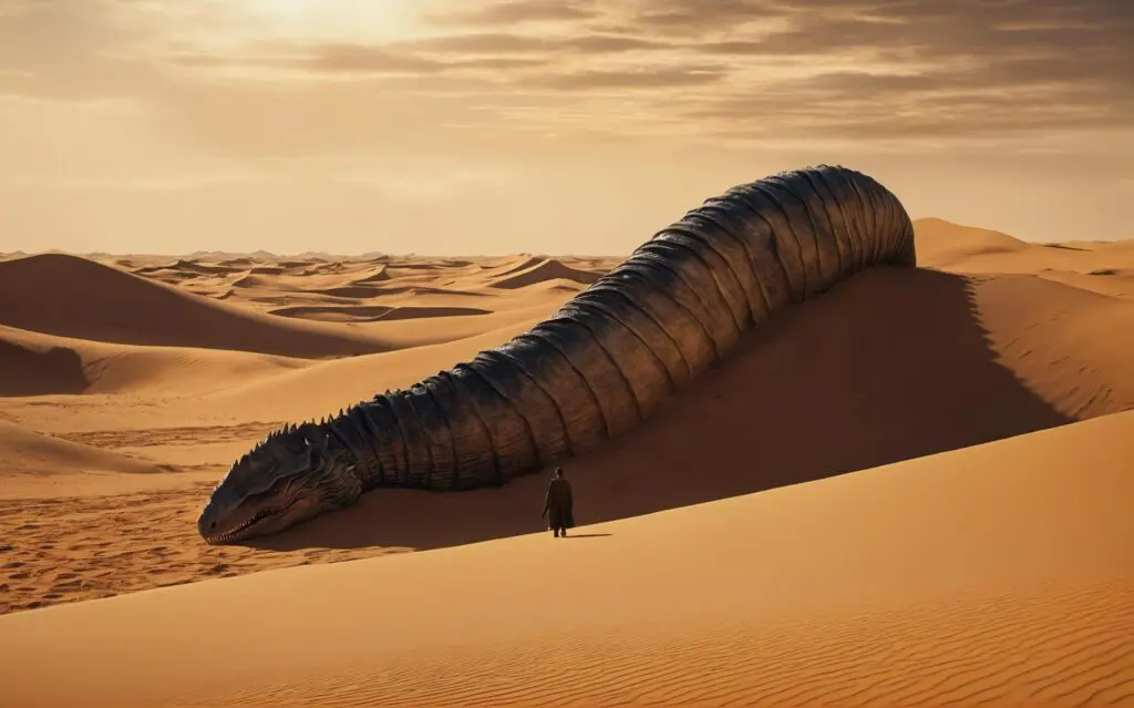 A giant sandworm emerging from the sand in a vast desert landscape with a single figure standing nearby, created using Stable Diffusion.
