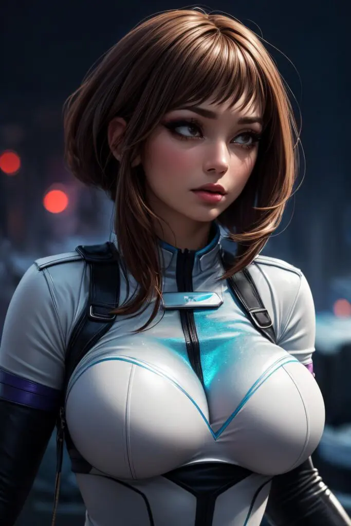 A young woman with bobbed brown hair and captivating eyes dressed in a futuristic, form-fitting suit, set against a cyberpunk background. This is an AI generated image using Stable Diffusion.