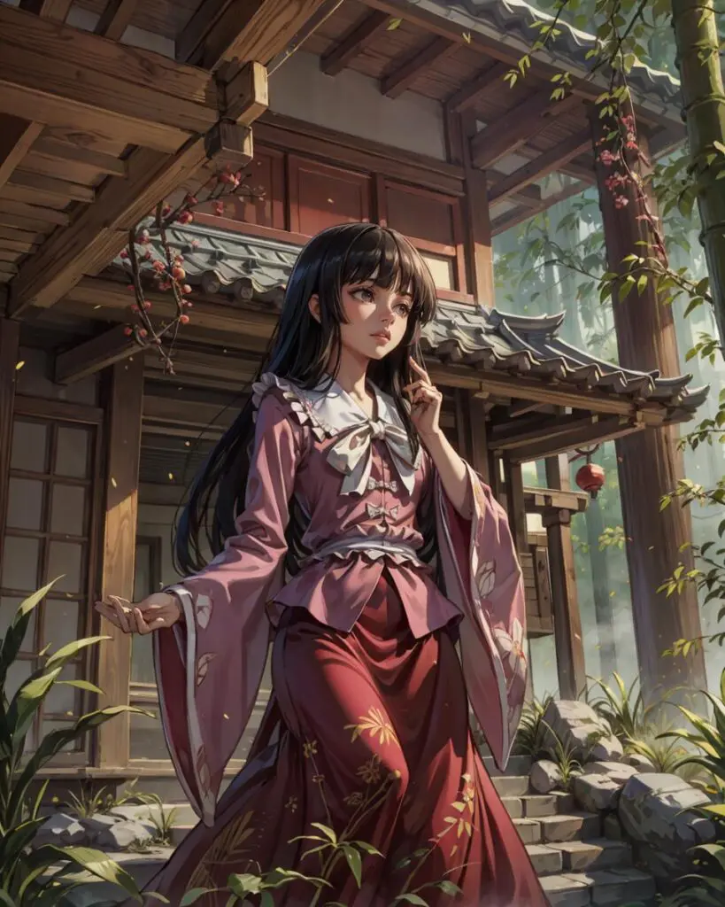 An anime girl with long black hair in a pink kimono-style dress stands pensively in front of a traditional Japanese house with intricate wooden architecture, surrounded by a lush garden. This is an AI generated image using stable diffusion.