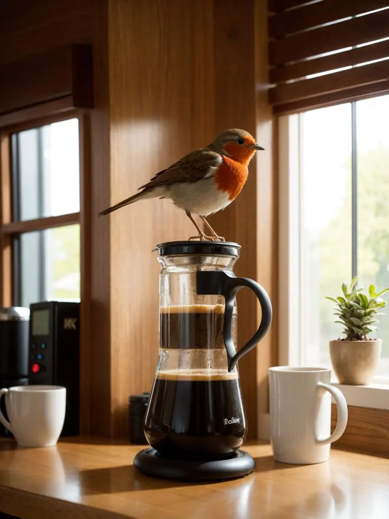 A bird with a red-orange chest perched on top of a glass coffee pot filled with coffee, situated in a cozy kitchen next to a window with light coming in. The kitchen has wooden accents, and there is a white coffee mug and a small potted plant beside the coffee pot. This is an AI generated image using stable diffusion.