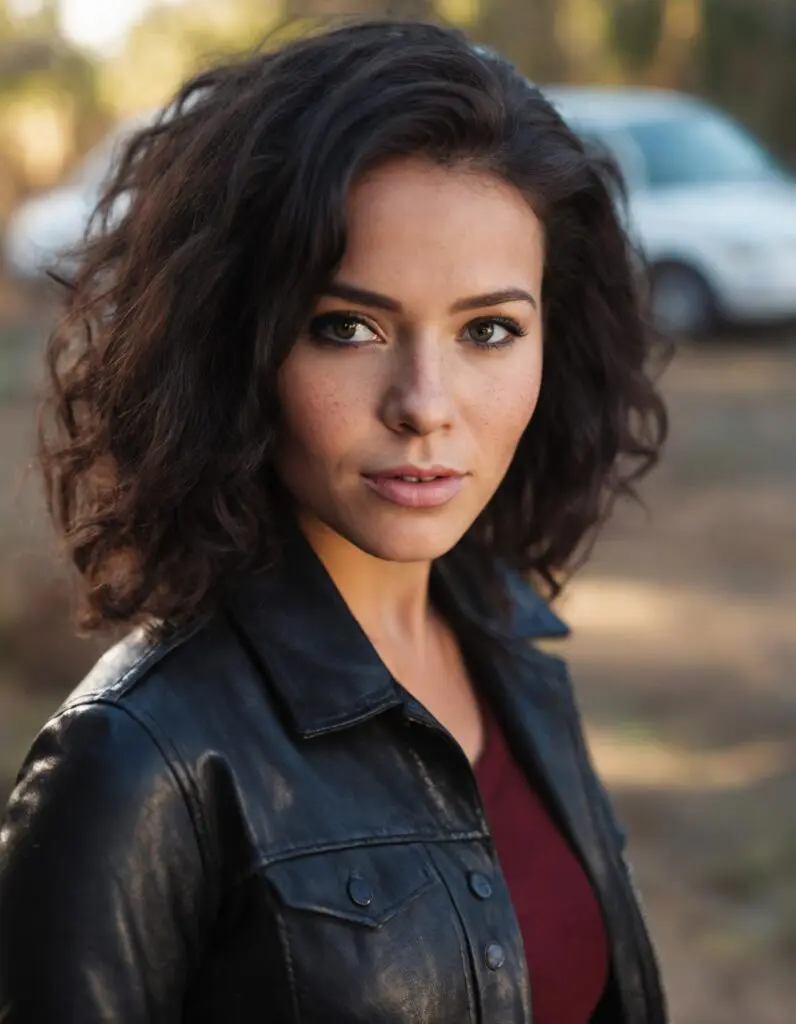 Close-up portrait of a woman wearing a black leather jacket, with curly dark hair, standing outdoors. This is an AI generated image using stable diffusion.