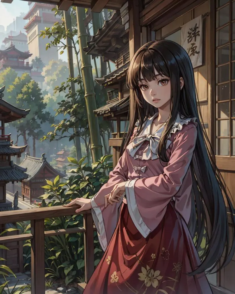Anime girl with long black hair wearing a traditional Japanese outfit standing on a wooden balcony surrounded by a peaceful garden scene. Emphasize that this is an AI generated image using stable diffusion.