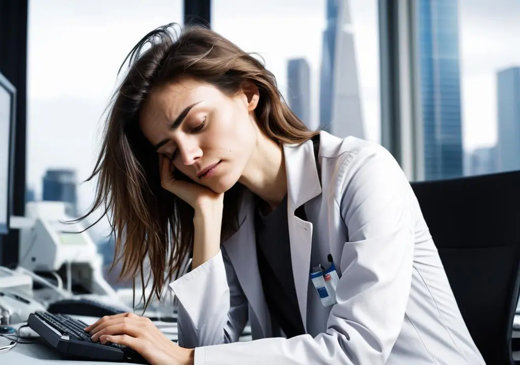 A tired doctor in a lab coat resting her head in her hand while sitting at a desk with a computer keyboard. AI-generated image using Stable Diffusion.