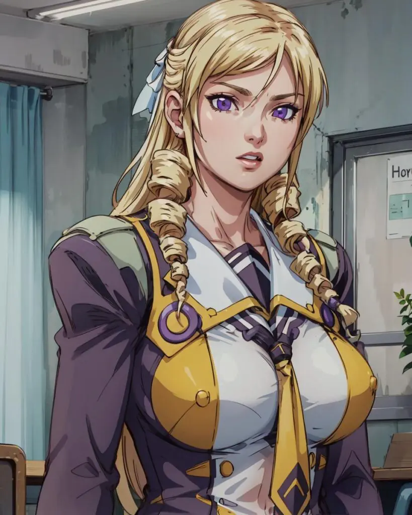 Anime-style image of a blonde girl with braided hair, wearing a detailed school uniform with purple and yellow colors. Beautifully drawn with realistic shading and highlights.
