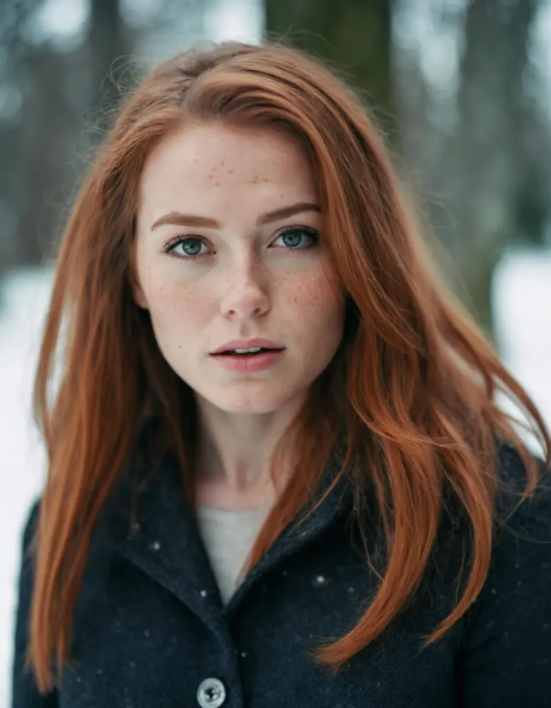 Detailed and realistic portrait of a red-haired woman in a dark coat with freckles, standing in a snowy winter forest, AI generated image using stable diffusion.