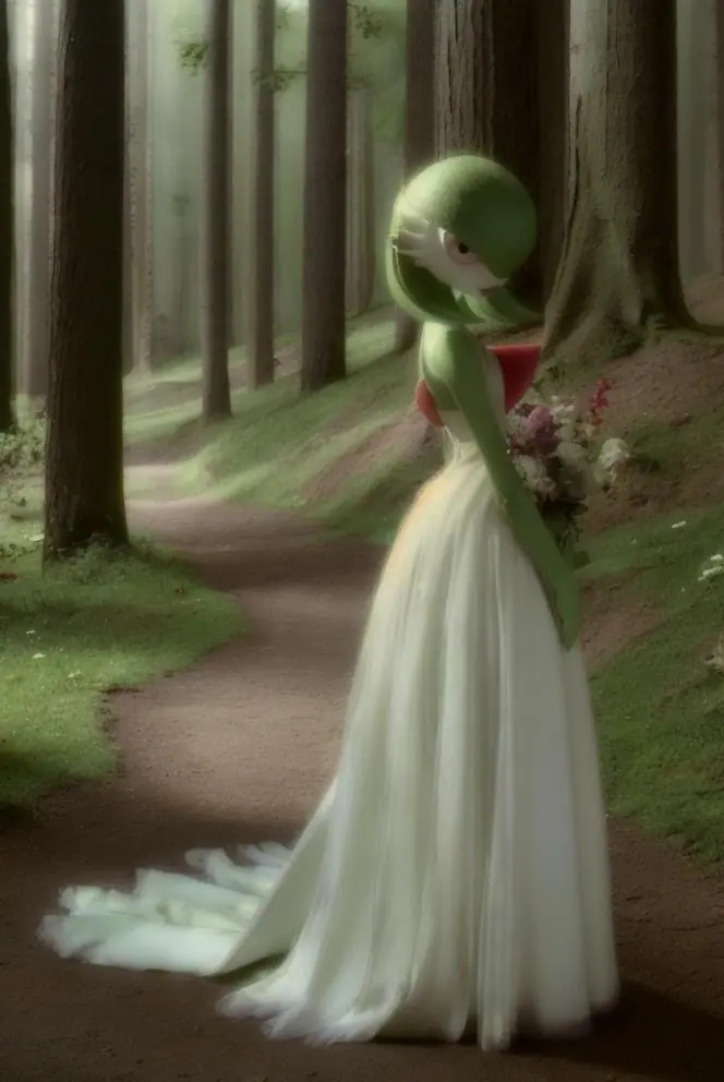 A Gardevoir, a Pokémon, dressed as a bride in a flowing white gown, holding a bouquet of flowers while standing on a forest path, AI generated using stable diffusion.