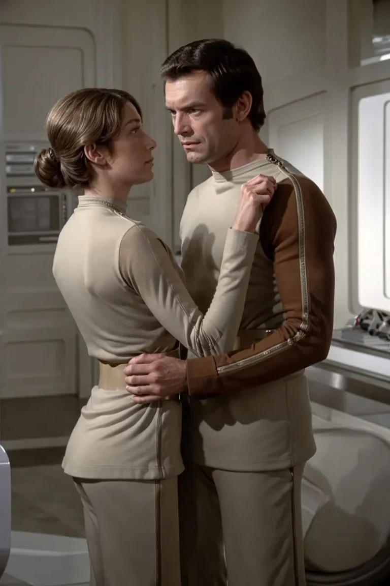 A classic 1970s sci-fi couple in beige and brown futuristic uniforms, standing close together in a retro-futuristic setting, generated by AI using stable diffusion.