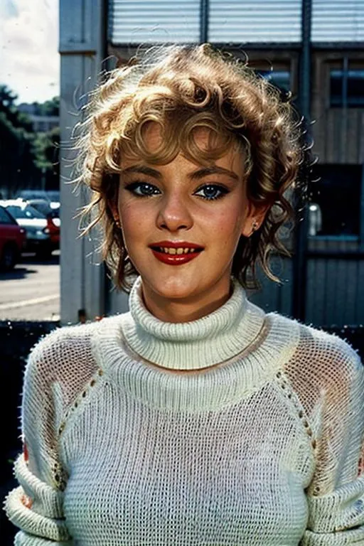 AI generated image of a young woman with curly hair and 80s style fashion, created with Stable Diffusion.