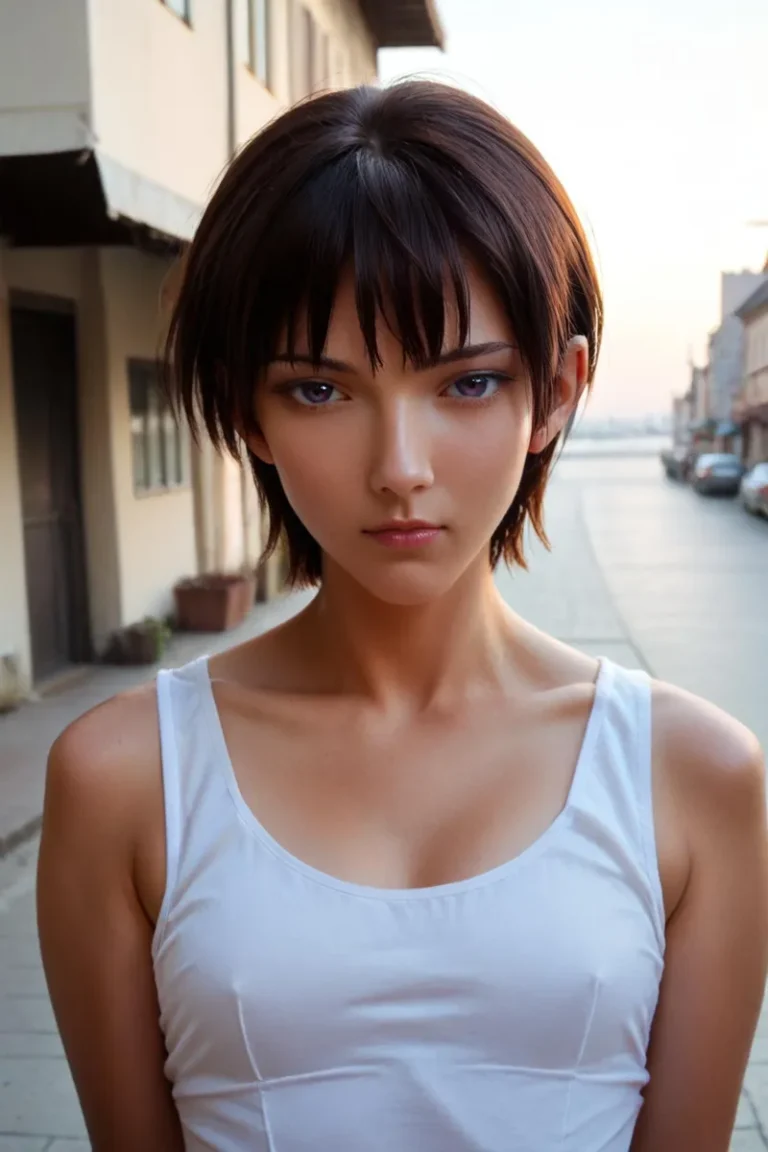Realistic portrait of a young woman with short dark hair wearing a white tank top, created using AI and Stable Diffusion.