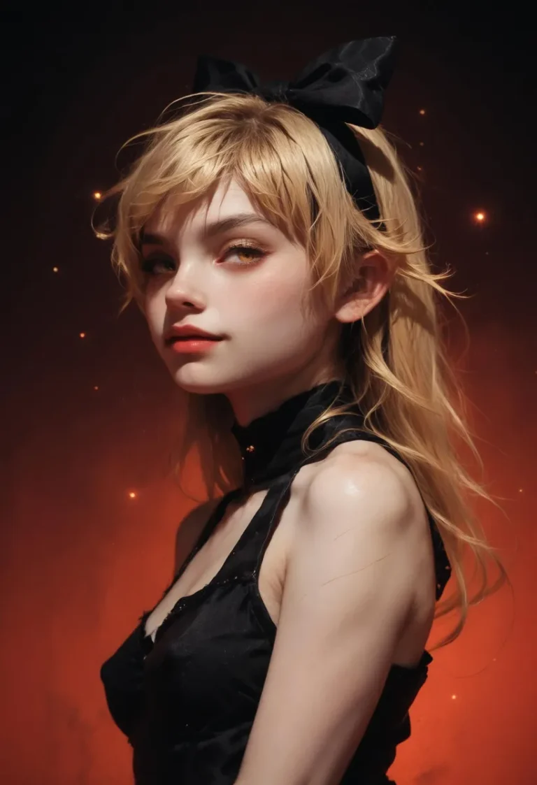 A beautifully detailed AI generated image of a blonde female with delicate features. She is dressed in a black outfit with a subtle hint of a bow in her hair, created using Stable Diffusion.