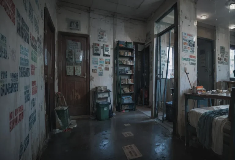 Abandoned room with walls covered in posters, a wooden door, shelves with books and items, scattered objects on the floor, and a bed with rumpled sheets, generated by AI using stable diffusion.