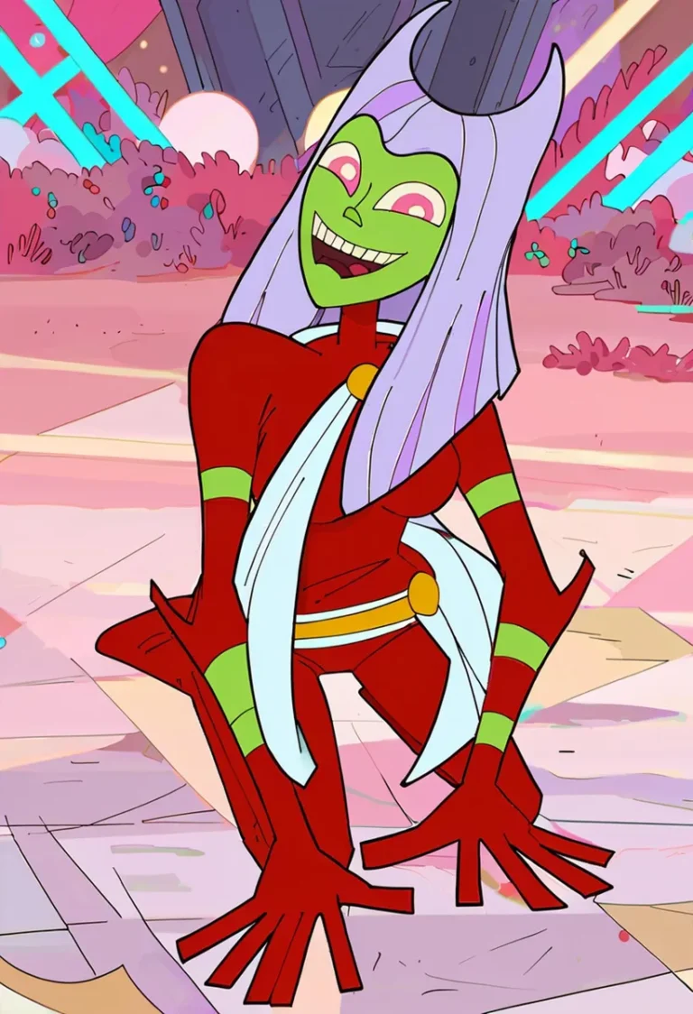 AI generated image of a green-skinned alien with purple hair and a red outfit in a sci-fi environment using stable diffusion.