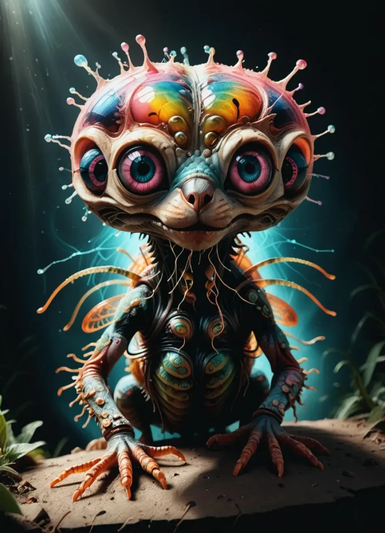A vibrant, colorful alien creature with large eyes, created using Stable Diffusion AI.