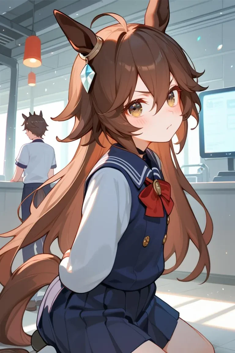 An AI generated image using stable diffusion depicting an anime girl with long brown hair, wearing a school uniform with rabbit ears.