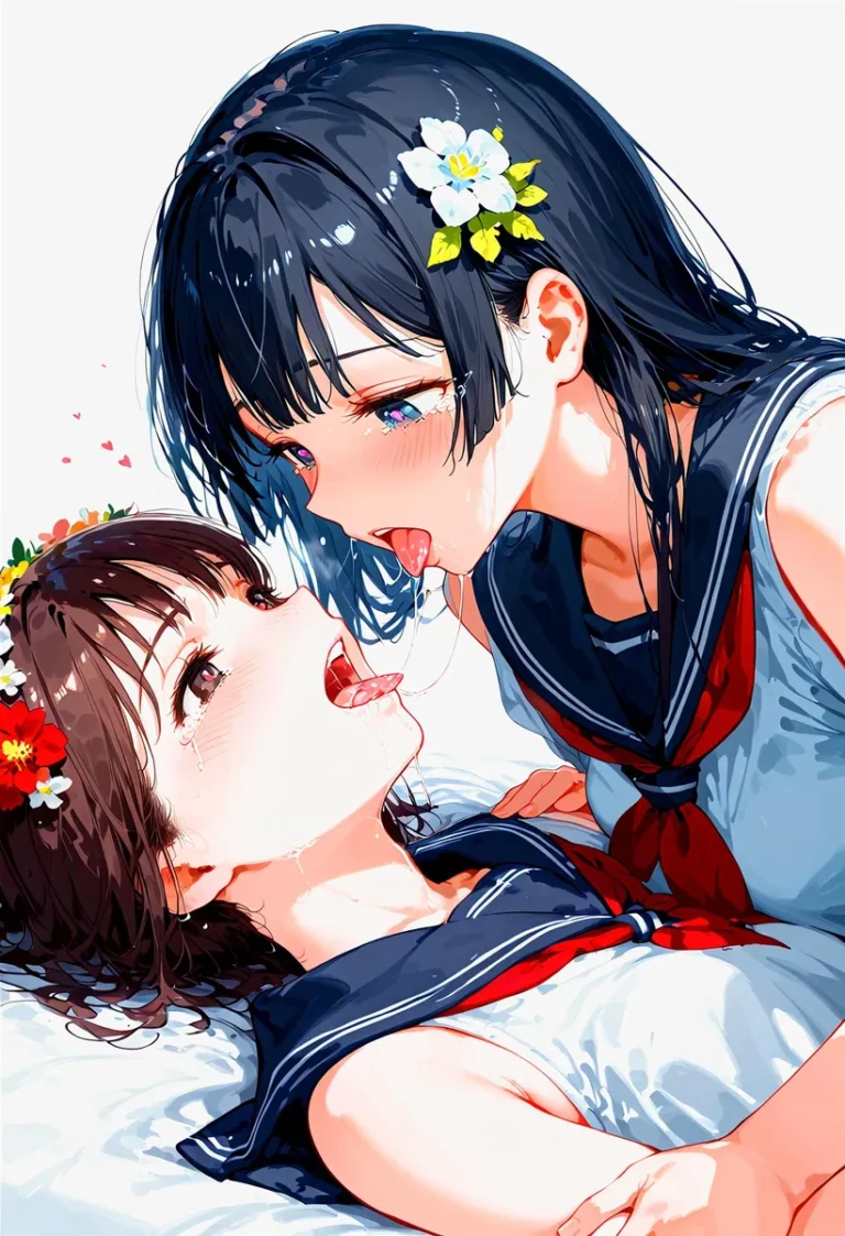 AI generated image using stable diffusion of two anime girls in an intimate scene with one lying down and the other one close to her, both in sailor outfits, decorated with flowers