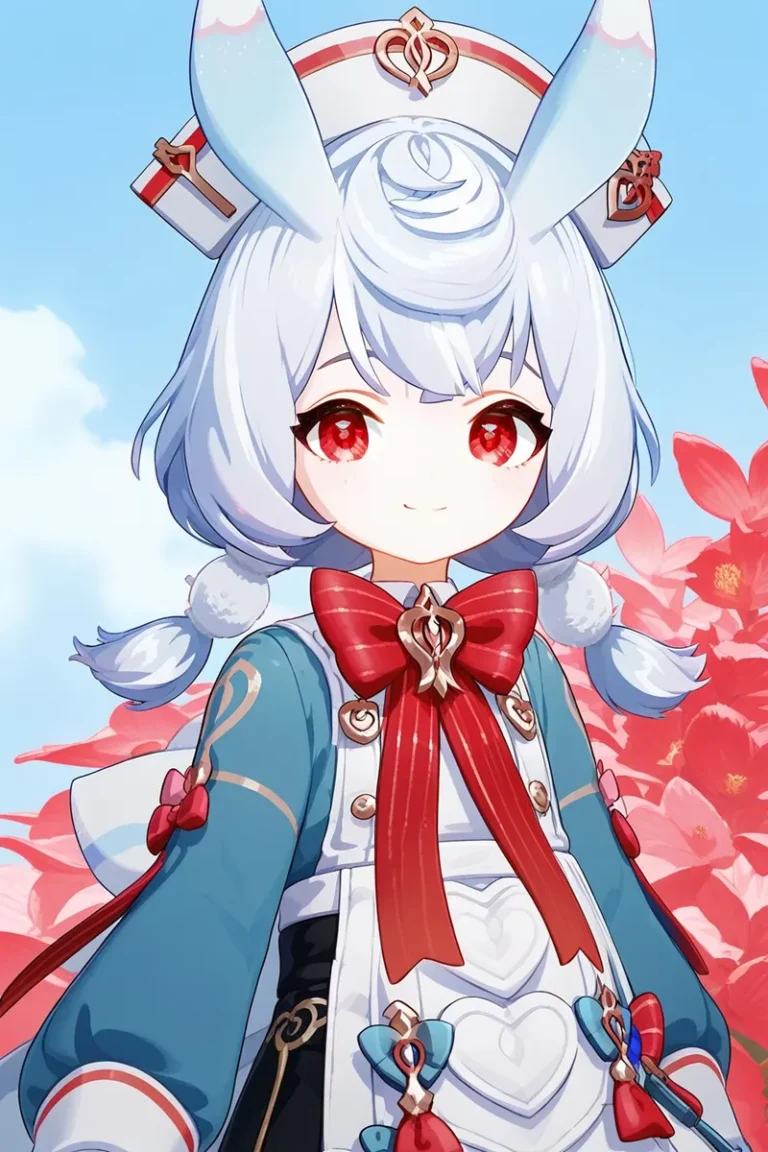 A cute anime girl with white hair, red eyes, and bunny ears wearing a detailed outfit with red ribbons. AI generated image using stable diffusion.