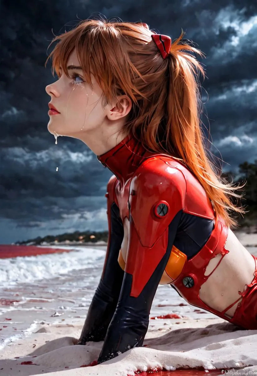 A dramatic AI generated image using Stable Diffusion showing a woman in an anime-style red suit, kneeling on a sandy beach under a stormy sky.