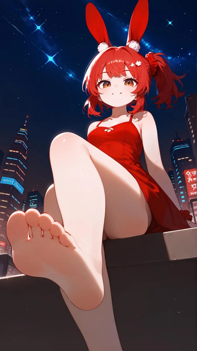 An anime-styled girl with red hair and bunny ears, in a red dress, sitting with her foot extended, set against a cityscape at night. This is an AI generated image using Stable Diffusion.