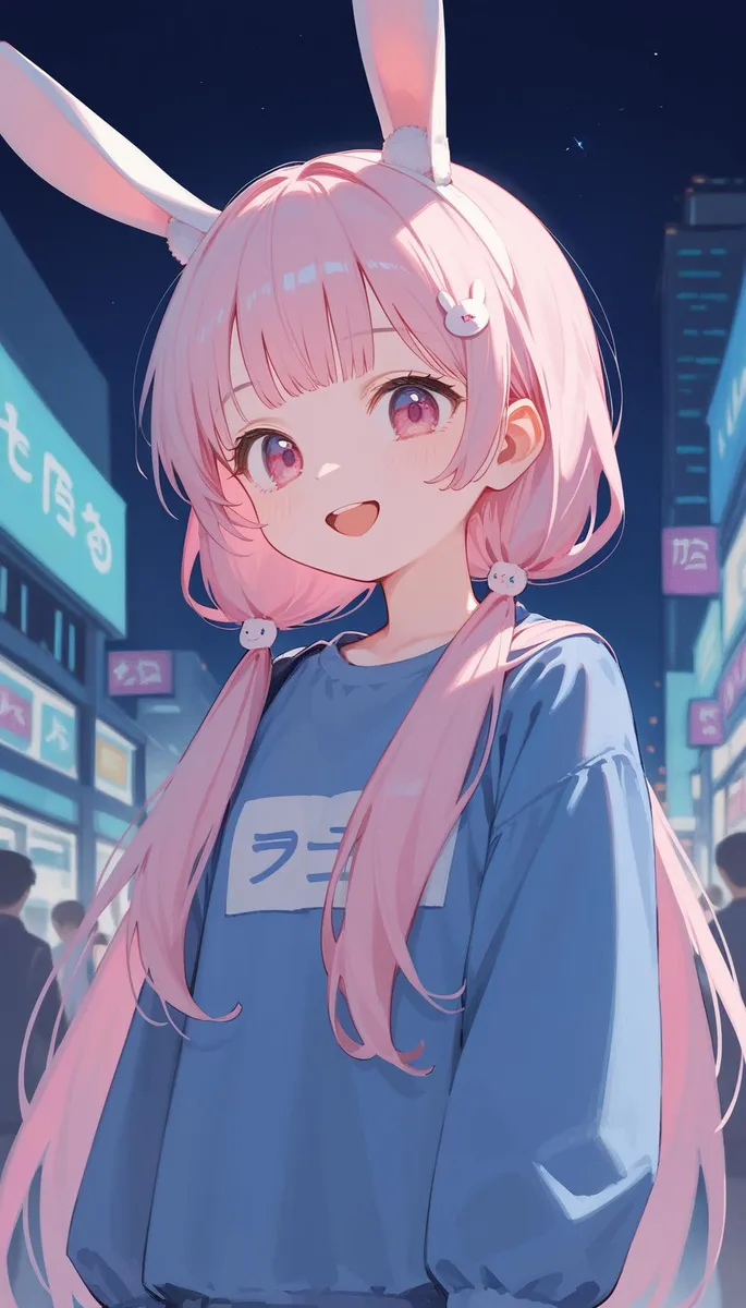 Anime girl with pink hair and bunny ears, wearing a blue oversized sweater, generated using Stable Diffusion.