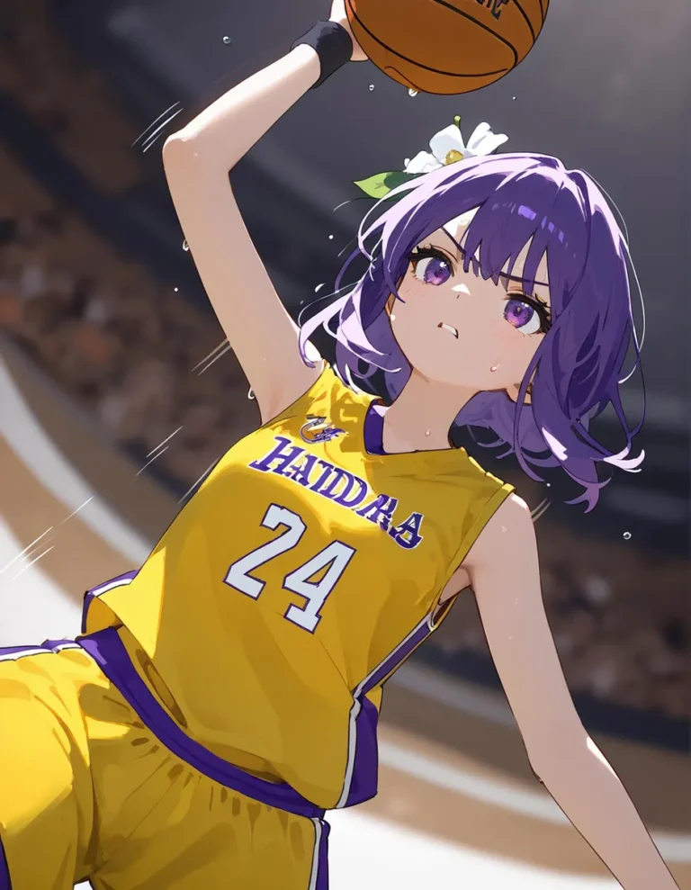 A highly detailed, AI-generated anime-style image of a girl with purple hair, wearing a yellow basketball jersey with the number 24, holding a basketball mid-action on a basketball court, generated using Stable Diffusion.