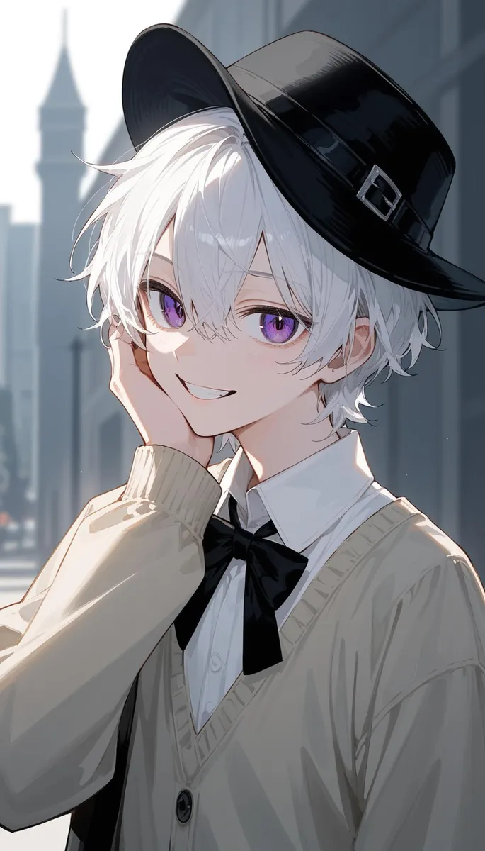 Anime boy with white hair, large purple eyes, and a black hat, smiling while holding his face with one hand. Wearing a beige cardigan, white shirt, and black bow tie. AI generated image using Stable Diffusion.