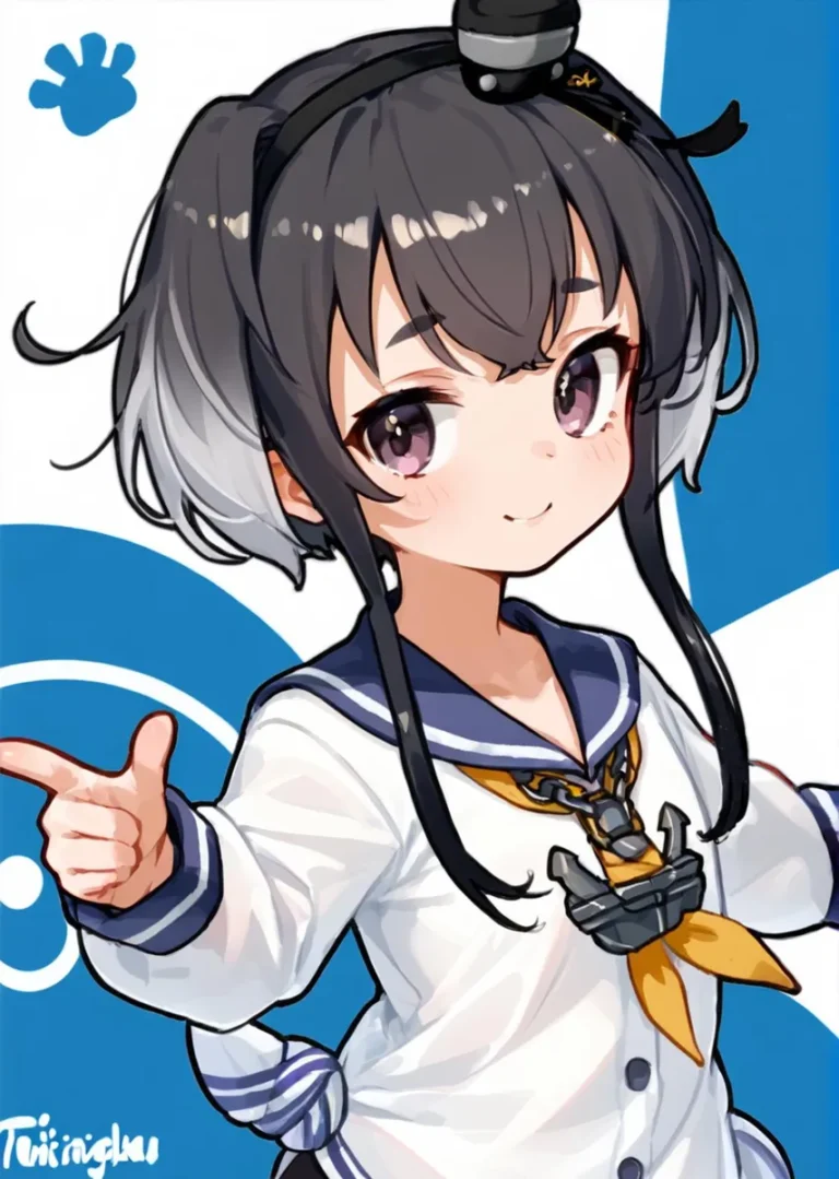 An AI generated image using stable diffusion showing an anime-style girl with black and white hair, wearing a sailor suit, and pointing with one hand.