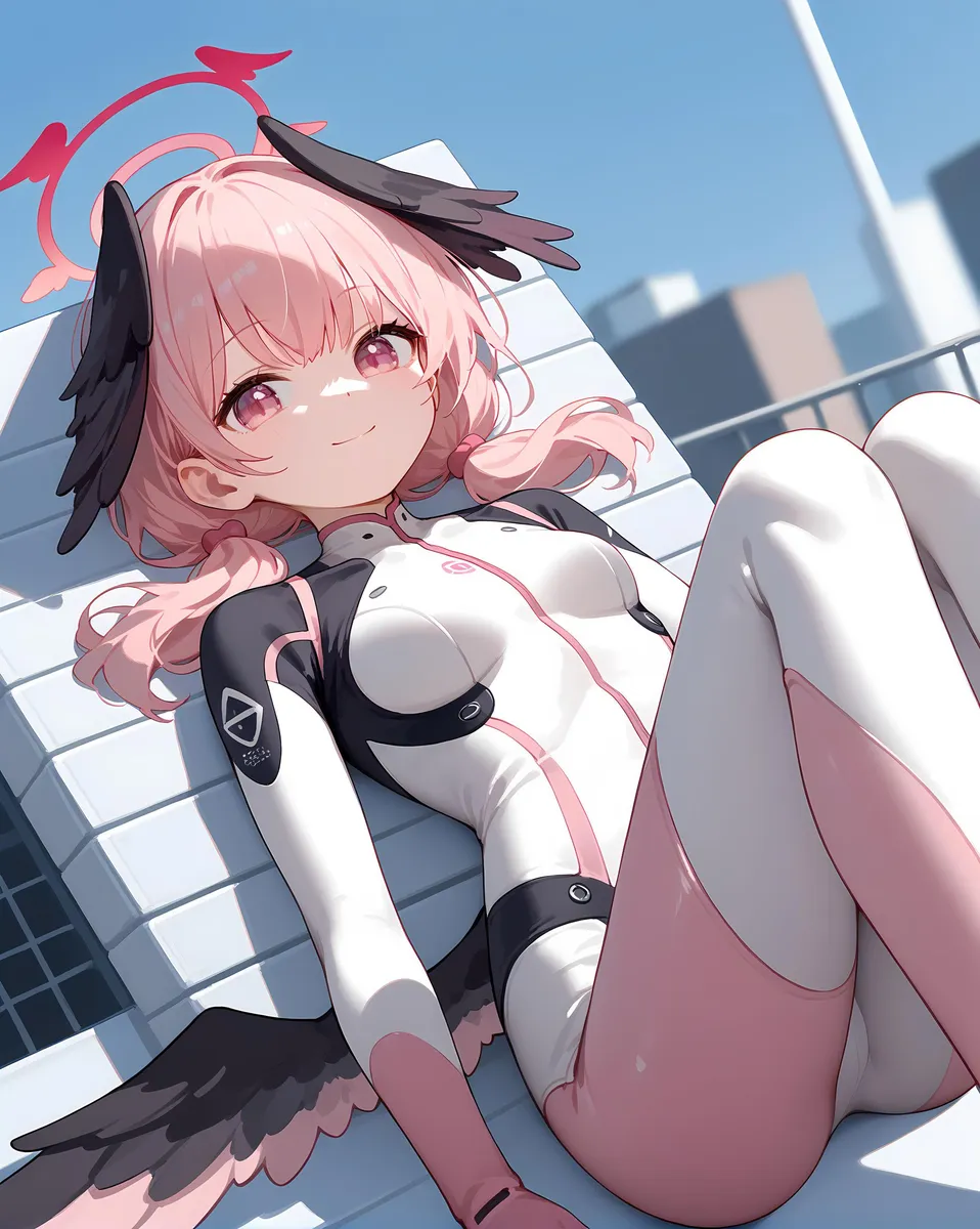 Anime girl with pink hair reclining in a sleek futuristic white and pink bodysuit, featuring black wing-like accessories on her head.