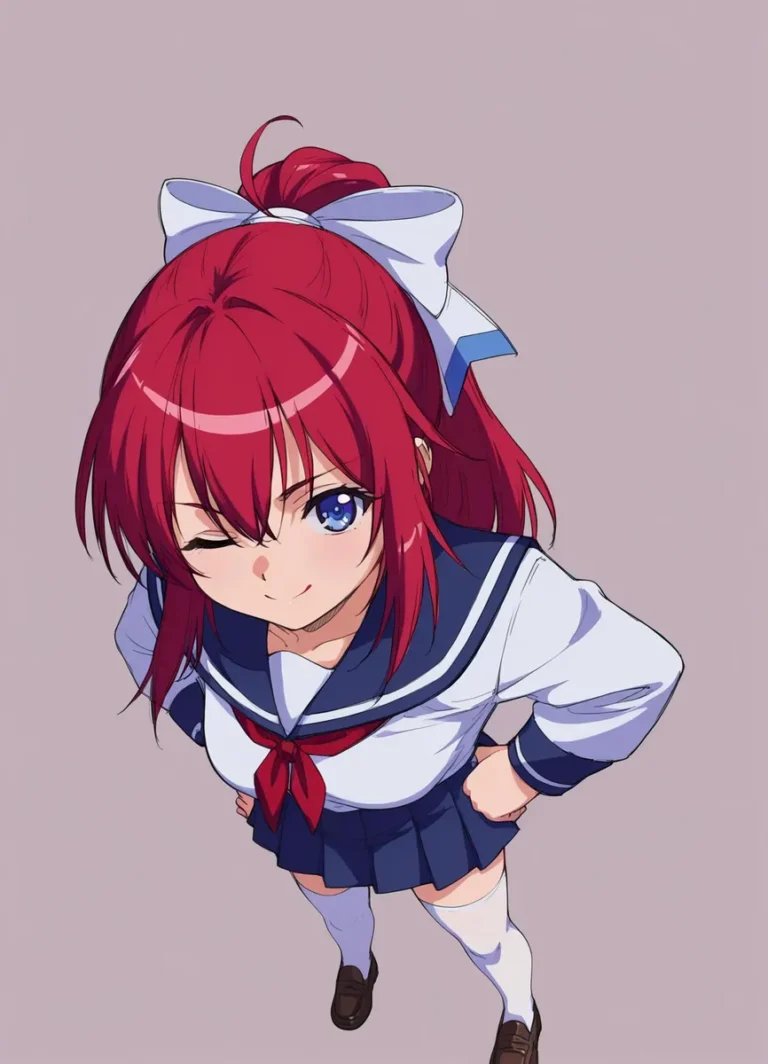AI-generated image of an anime-styled schoolgirl with red hair, winking and wearing a traditional sailor-style school uniform.