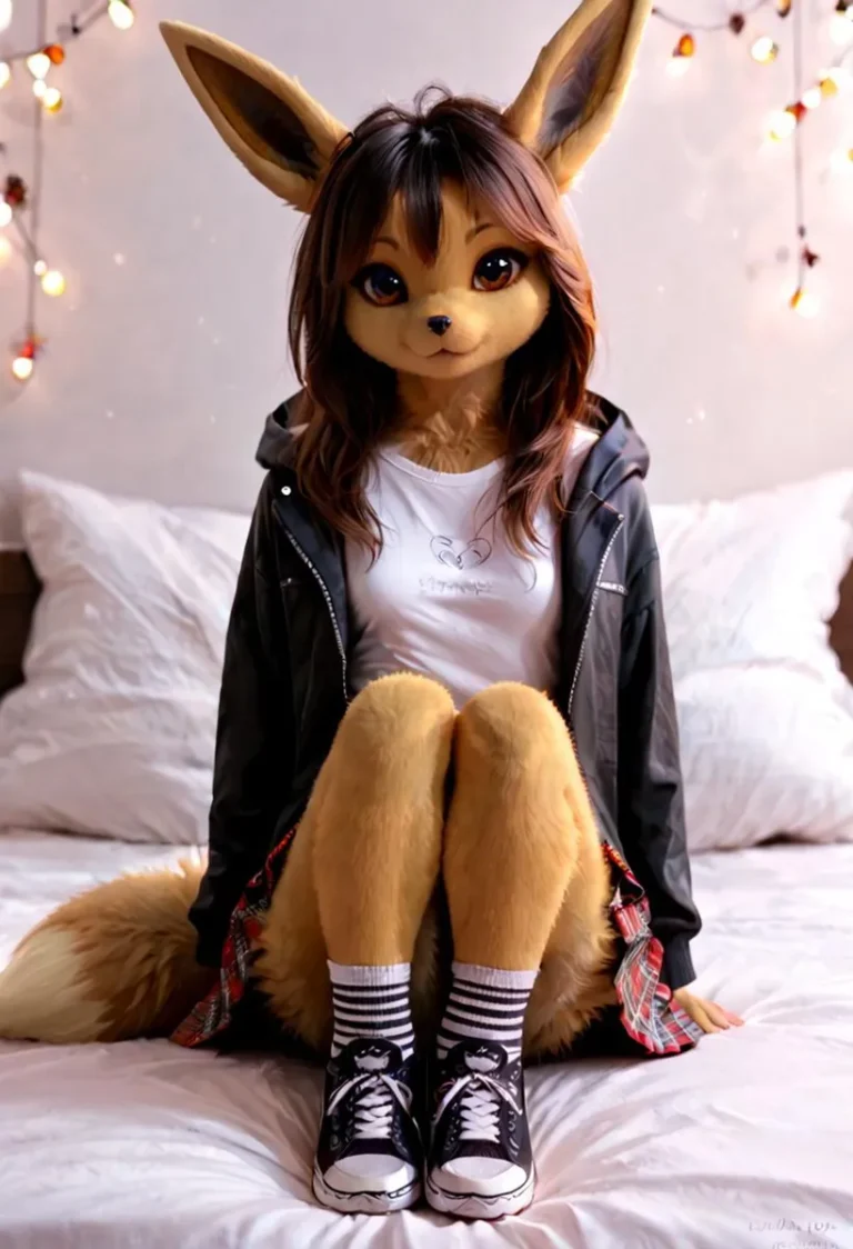 Anthropomorphic fox girl with large ears, wearing a casual outfit and seated on a bed, AI generated image using Stable Diffusion.