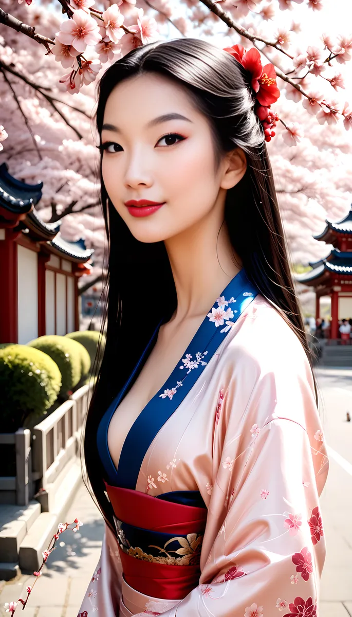 An AI generated image of an Asian woman wearing a traditional kimono adorned with floral patterns, standing amidst blooming cherry blossoms.