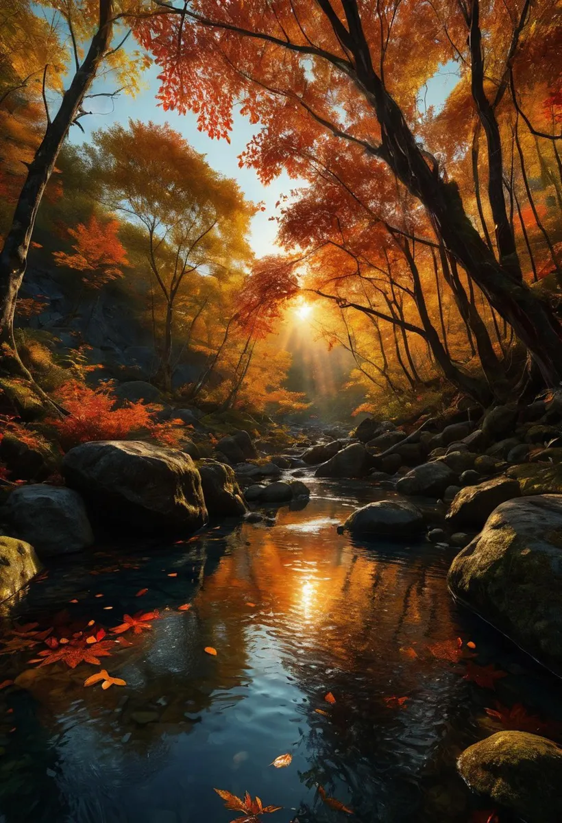 AI-generated image using Stable Diffusion of a serene autumn forest with sunlight filtering through the trees over a peaceful creek.