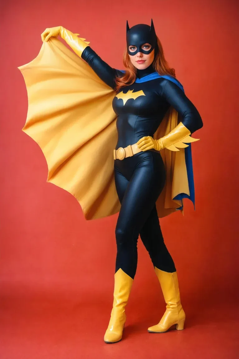 Cosplay of Batgirl in a superhero suit with yellow cape, gloves, and boots standing against a red background. Emphasize that this is an AI generated image using stable diffusion.