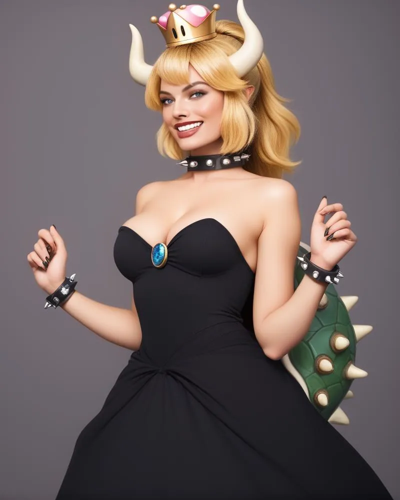 AI generated image of a woman in Bowsette cosplay featuring a black dress with a jewel, spiked bracelets, a horned crown, and Bowser shell.