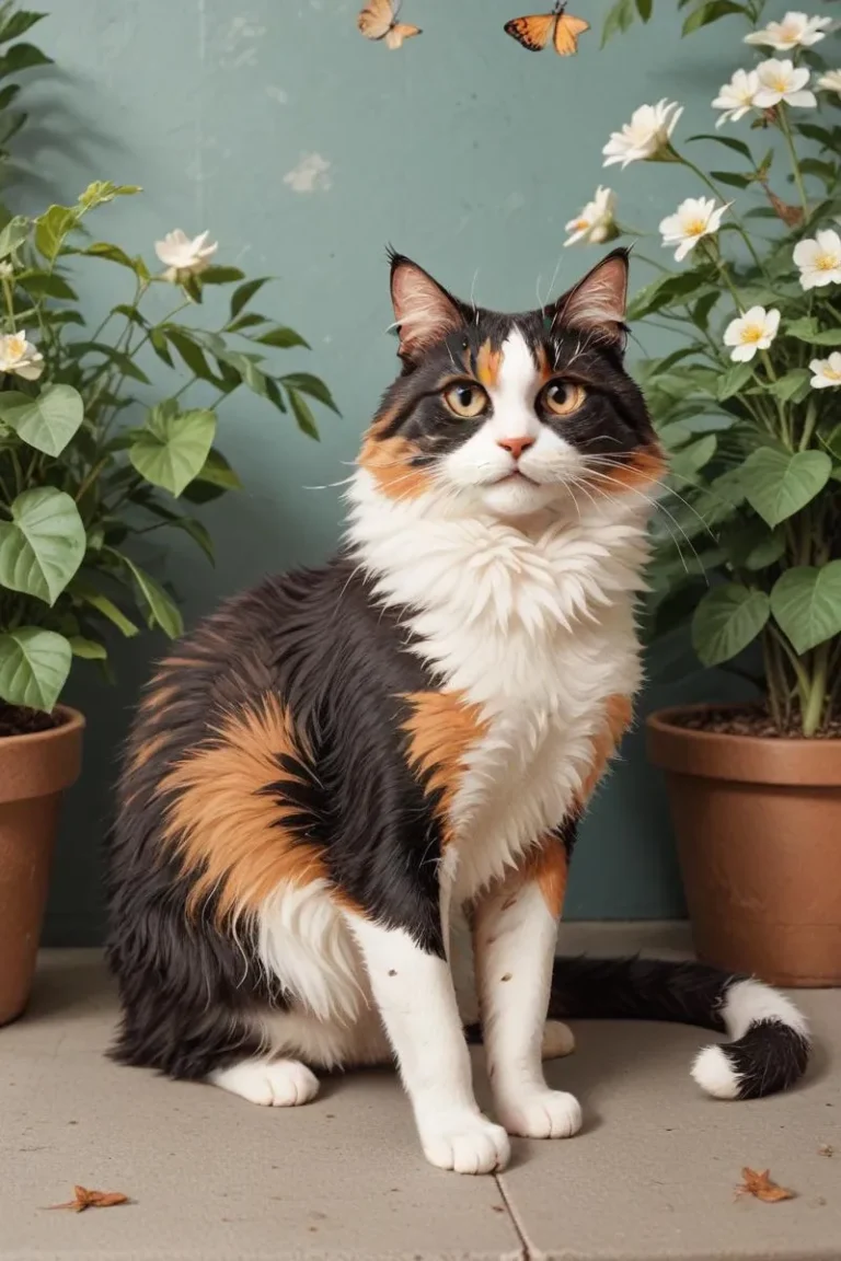 A charming calico cat with black, orange, and white fur sitting between two flowerpots with blooming white flowers. Butterflies flutter above.