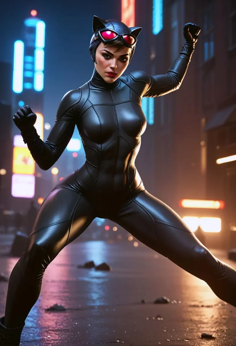 A woman in a Catwoman costume with cat ears and goggles posing confidently on an illuminated city street at night, AI generated using Stable Diffusion.