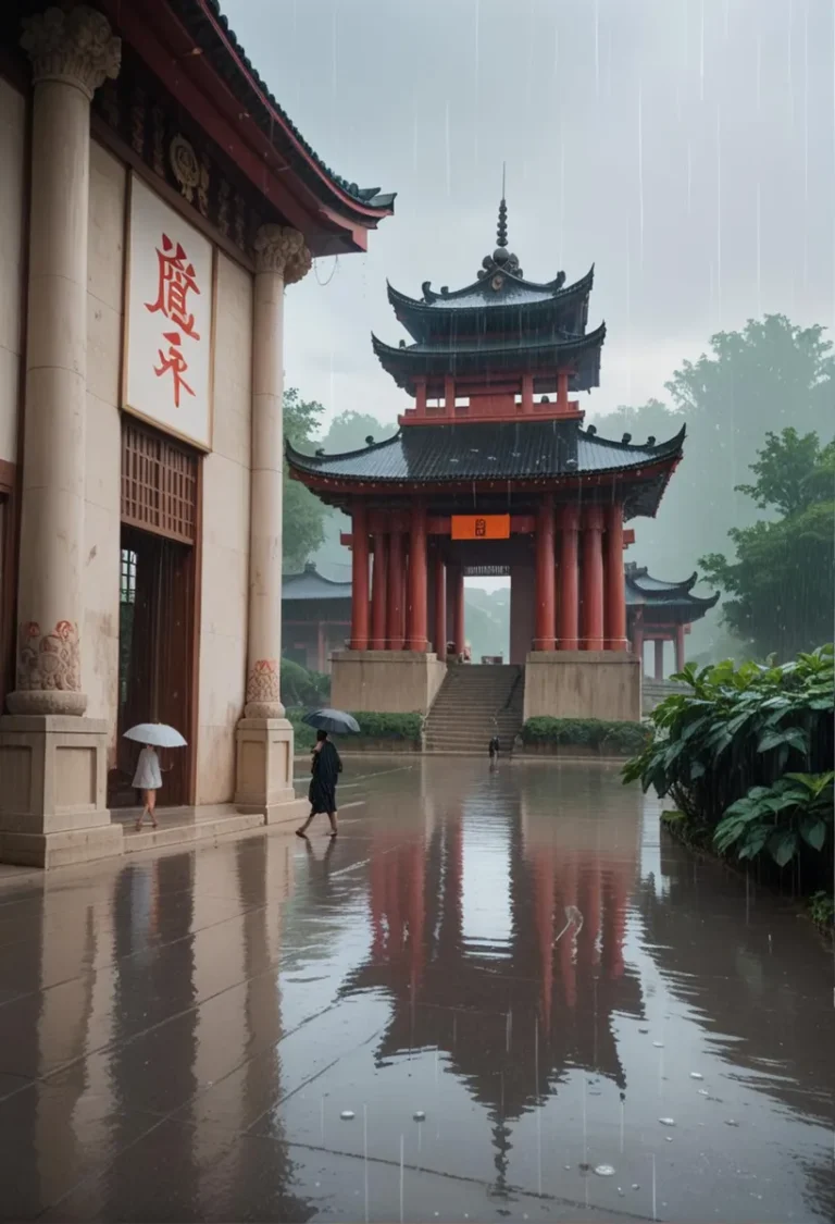 AI generated image of a traditional Chinese temple complex with red columns and ornate rooftops on a rainy day using Stable Diffusion.