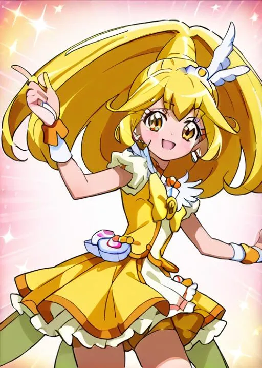 A colorful anime girl with blonde hair, dressed in a yellow and white costume, against a sparkling background. AI generated image using Stable Diffusion.